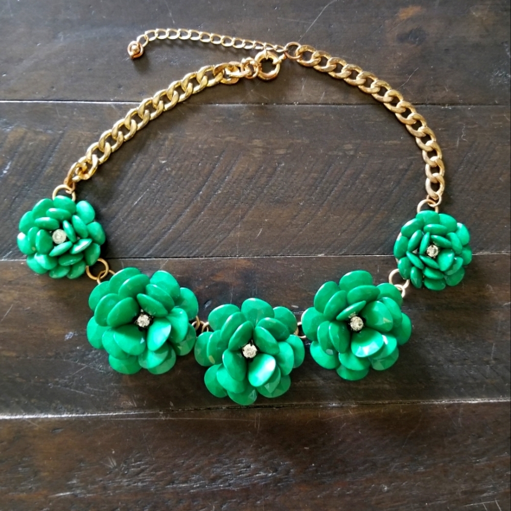 Emerald Green Roses and Rhinestones Statement Necklace